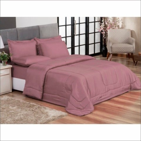 Edredom Queen Rosé + Jogo de Lençol 06 peças Aconchego Dupla Face Casa Dona