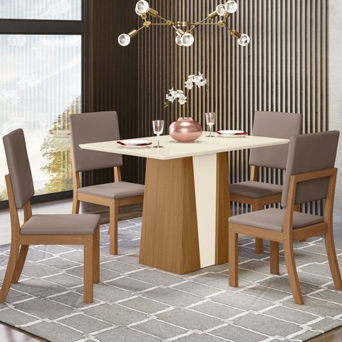 Conjunto para Sala de Jantar com 4 Cadeiras Orus Marrom/Nature/Off White/Amêndoa
