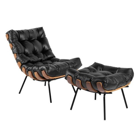 Poltrona com Puff Costela Couro Legítimo Base de Metal Preto - D'Rossi - Preto