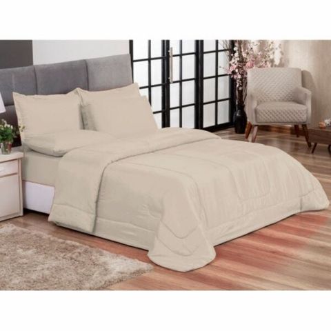 Edredom Queen Bege + Jogo de Lençol 06 peças Aconchego Dupla Face Casa Dona