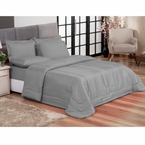 Edredom Queen Cinza + Jogo de Lençol 06 peças Aconchego Dupla Face Casa Dona