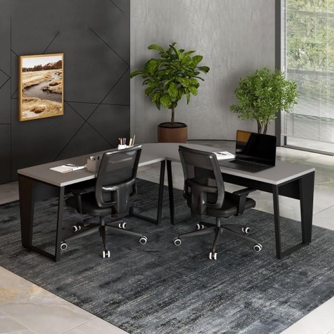 Mesa em L Escritório com Pés Metal Moderno sem Gavetas 210cm Cinza Sagrado com Preto