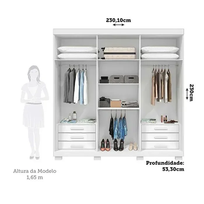 Ver imagem 3 de Guarda Roupa Casal Acp Eliza 6 Portas com Pés 100% Mdf - Branco/cinamomo