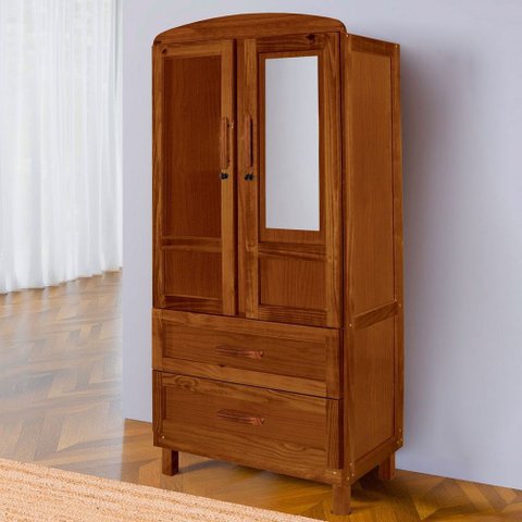 Guarda-roupa Solteiro Murici Madeira Maciça 2 Portas 2 Gavetas com Espelho Ypê - Pnr Móveis