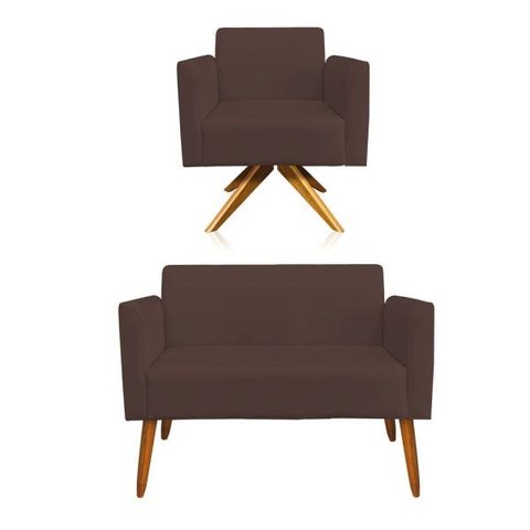 Kit 01 Namoradeira e 01 Poltrona Marisa Suede Base Giratória Madeira MA30 D'Rossi - Marrom