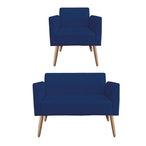 Kit 01 Namoradeira e 01 Poltrona Marisa Suede Pés Palito Natural D'Rossi - Azul Marinho