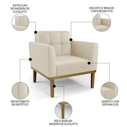 Sofá Namoradeira e 1 Poltrona Base Madeira Castanho Ana Sintético Bege - Ibiza - 5