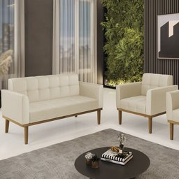 Sofá Namoradeira e 1 Poltrona Base Madeira Castanho Ana Sintético Bege - Ibiza - 2