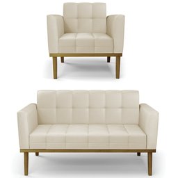 Sofá Namoradeira e 1 Poltrona Base Madeira Castanho Ana Sintético Bege - Ibiza - 1