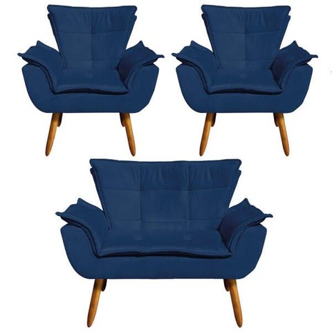 Kit 01 Namoradeira e 02 Poltronas Opala Suede Pés Palito Castanho D'Rossi - Azul Marinho