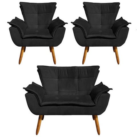 Kit 01 Namoradeira e 02 Poltronas Opala Suede Pés Palito Castanho D'Rossi - Preto