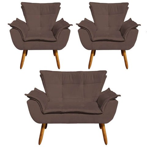 Kit 01 Namoradeira e 02 Poltronas Opala Suede Pés Palito Castanho D'Rossi - Marrom