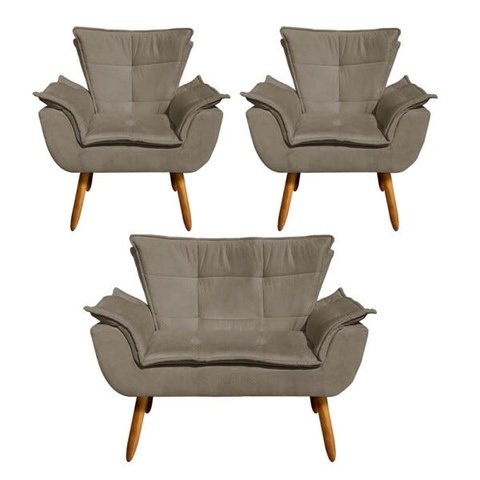 Kit 01 Namoradeira e 02 Poltronas Opala Suede Pés Palito Castanho D'Rossi - Marrom Rato