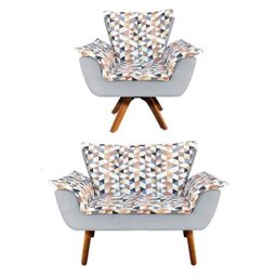 Kit 01 Namoradeira e Poltrona Giratória Opala D87 e Suede Base Madeira MM30 D'Rossi - Cinza - 1