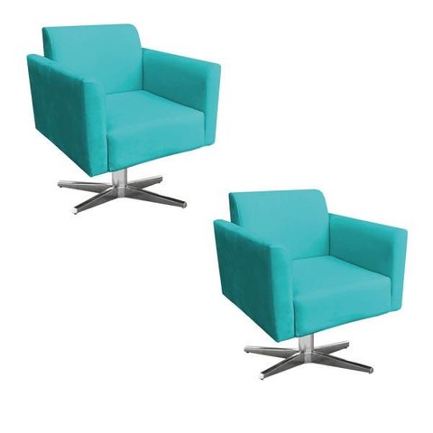 Kit 2 Poltronas Giratória Marisa Suede Base Cromada D'Rossi - Azul Turquesa