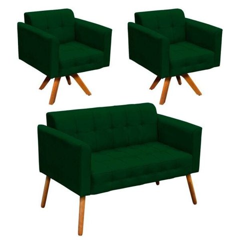 Kit 01 Namoradeira e 02 Poltronas Giratória Elisa Suede Base Madeira MM30 D'Rossi - Verde