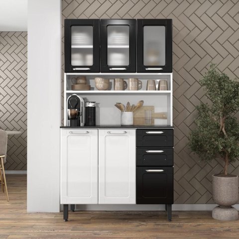 Cozinha Compacta em Aço com Vidro 2 Gav D Maria Bertolini - Branco/preto