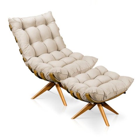 Poltrona com Puff Giratório Costela Suede Base Madeira Ma25 D'Rossi - Bege