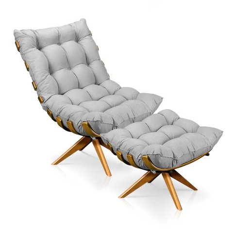 Poltrona com Puff Giratório Costela Suede Base Madeira Ma25 D'Rossi - Cinza