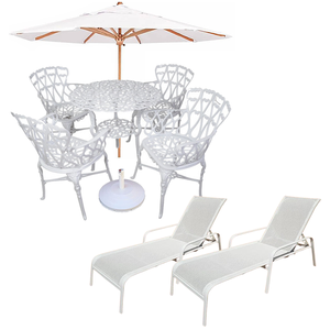 Conjunto Viena Mesa, 4 Cadeiras Aluminio Fundido e Guarda Sol Piscina Móveis Jardim