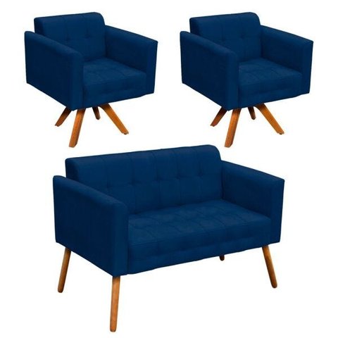 Kit 01 Namoradeira e 02 Poltronas Giratória Elisa Suede Base Madeira MM30 D'Rossi - Azul Marinho