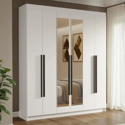 Guarda-roupa Casal 6 Portas Batentes com Espelho Venus Madesa Branco/preto