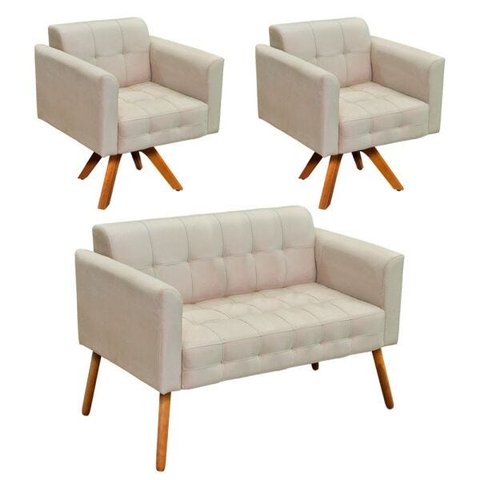 Kit 01 Namoradeira e 02 Poltronas Giratória Elisa Suede Base Madeira MM30 D'Rossi - Bege