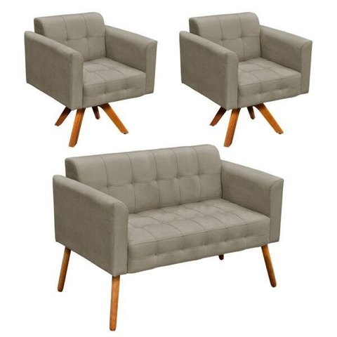 Kit 01 Namoradeira e 02 Poltronas Giratória Elisa Suede Base Madeira MM30 D'Rossi - Marrom Rato