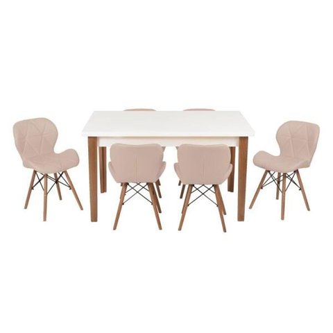 Conjunto Mesa de Jantar Juliette Branca 135cm com 6 Cadeiras Slim - Nude