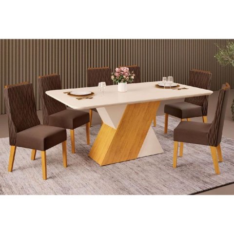 Sala de Jantar Completa Rubi Tampo Madeirado C/ Vidro Curvo 170x90cm e 6 Cadeiras Jade Cedro/off
