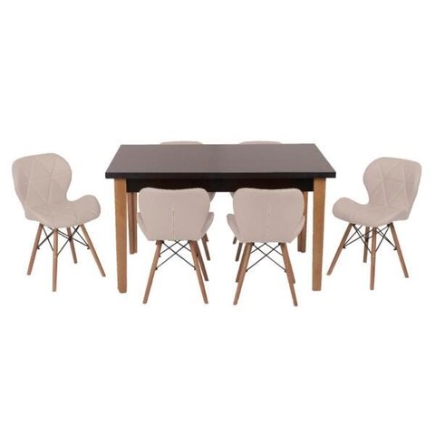 Conjunto Mesa de Jantar Juliette Preta 135cm com 6 Cadeiras Slim - Nude