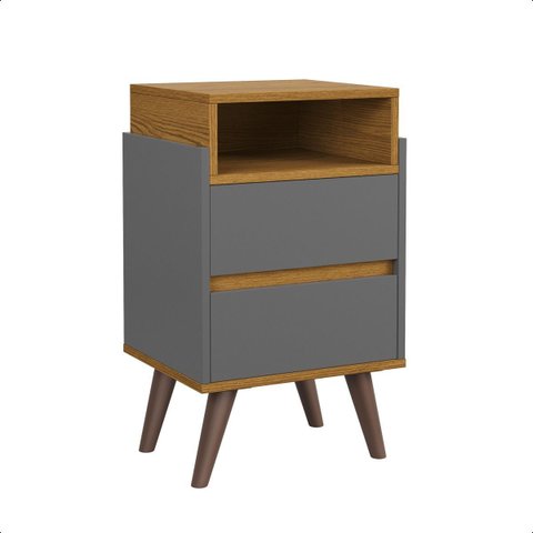 Mesa de Cabeceira Verona com 2 Gavetas Pés Retro Moderna para Quarto - Cinza com Nature