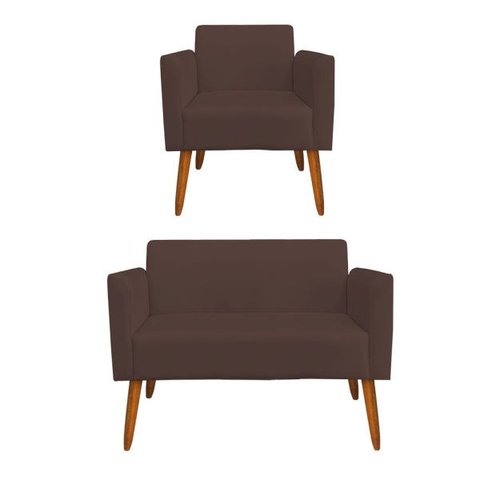 Kit 01 Namoradeira e 01 Poltrona Marisa Suede Pés Palito Castanho D'Rossi - Marrom