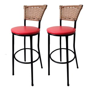Kit 2 Banquetas Bistrô Aço Junco Sintético Marfim Assento Vermelho