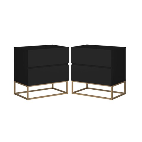 Conjunto 2 Mesa de Cabeceira Estilo Industrial 2 Gavetas Eros 45 Base Dourado:preto