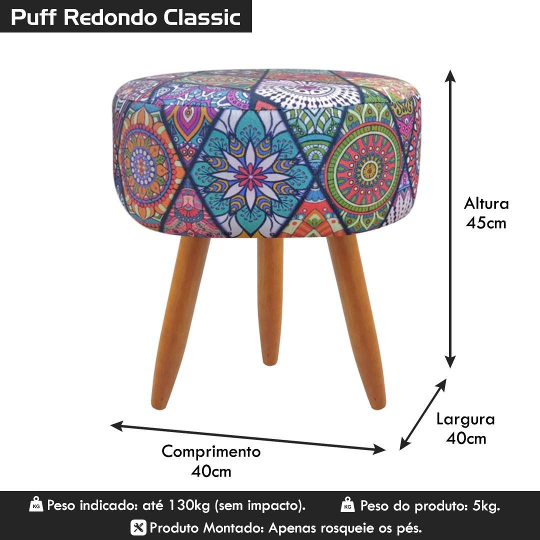 Puff Banqueta Redondo Para Sala Quarto Estampado Suede:Triangulo Rosa - 6