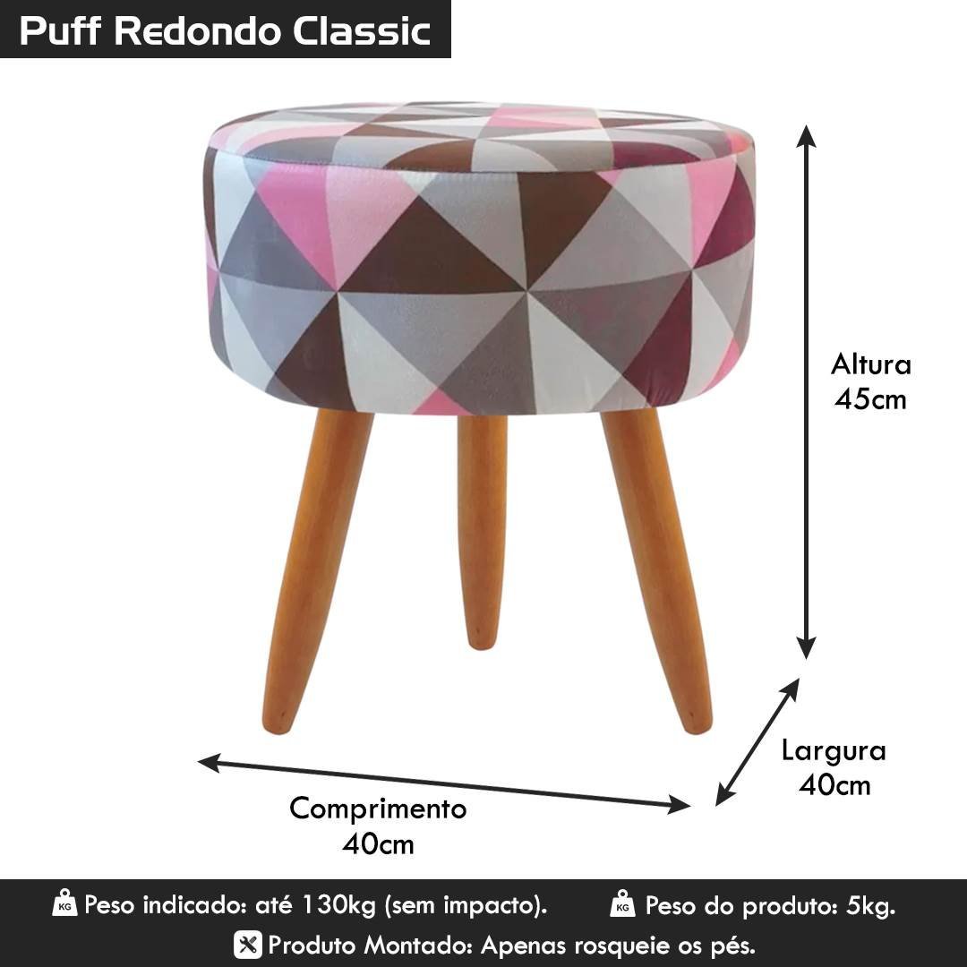 Puff Banqueta Redondo Para Sala Quarto Estampado Suede:Triangulo Rosa - 3