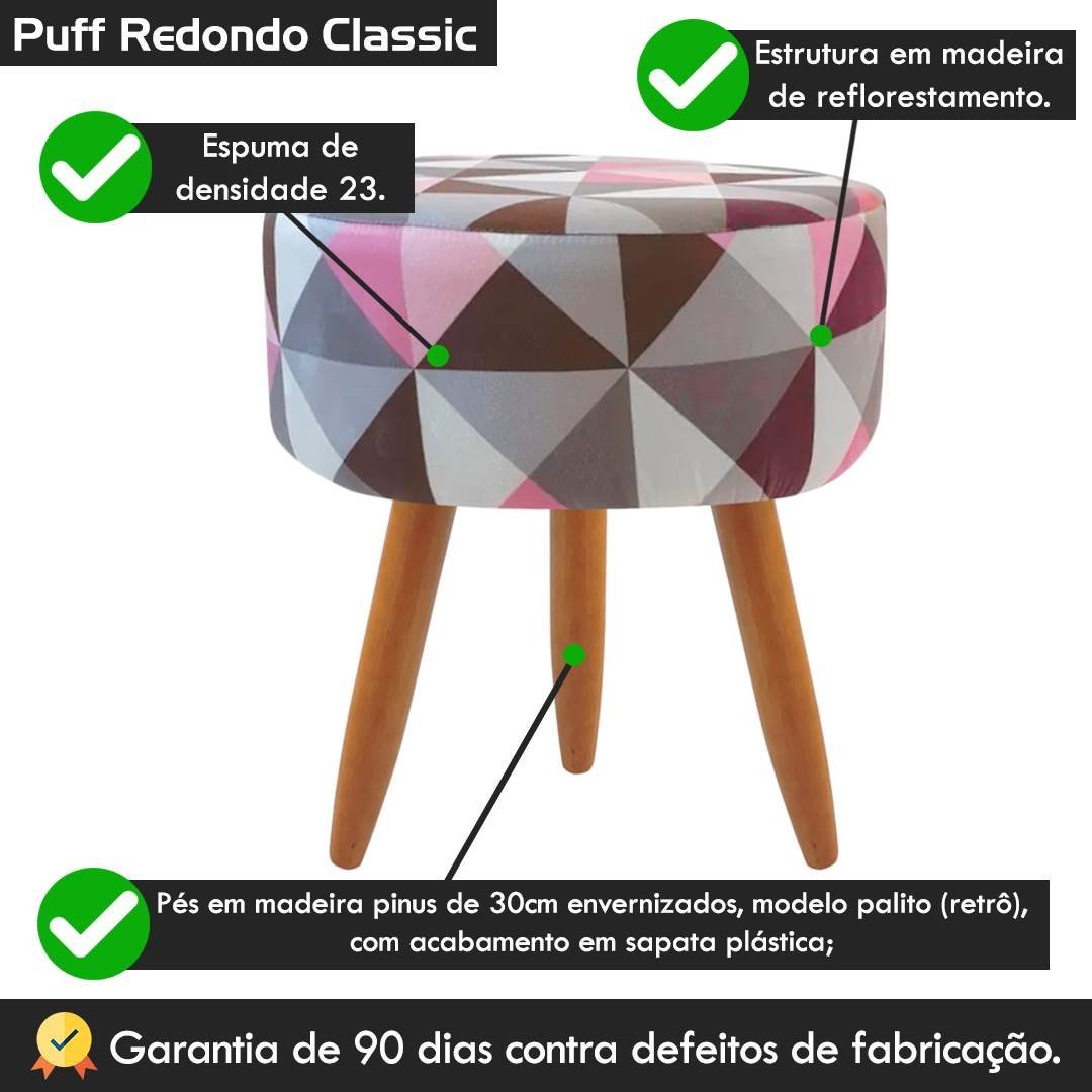 Puff Banqueta Redondo Para Sala Quarto Estampado Suede:Triangulo Rosa - 5