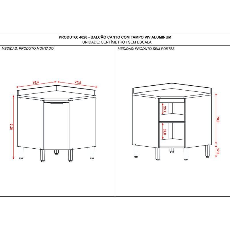 Balcão de Cozinha Viv Aluminum Canto Oblíquo Freijó Vanilla com Tampo - Kits Paraná - 3