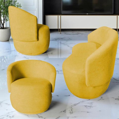 Kit Namoradeira + 2 Poltronas Decorativa Beatriz Orgânica Couro Amarelo