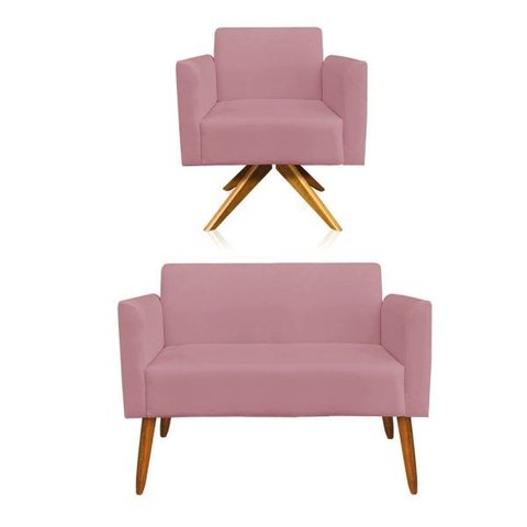 Kit 01 Namoradeira e 01 Poltrona Marisa Suede Base Giratória Madeira MA30 D'Rossi - Rose