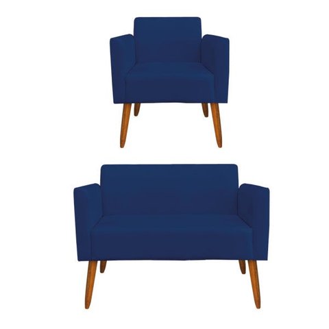 Kit 01 Namoradeira e 01 Poltrona Marisa Suede Pés Palito Castanho D'Rossi - Azul Marinho