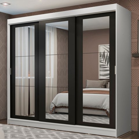 Guarda-Roupa Casal Madesa Kansas 3 Portas de Correr de Espelho 3 Gavetas Branco/Preto Cor:Branco/Pre