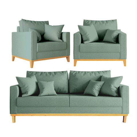 Kit Sofá Beny 180cm + 2 Poltronas Base de Madeira Linho: Verde