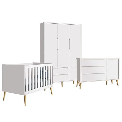 Quarto Infantil Theo 3 portas Branco Fosco com Pés Madeira Natural - Reller Móveis