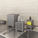 Ver imagem 2 de Kit Pia 3 Peças Lixeira Dispenser Porta Talher Cozinha - Stolf Cinza