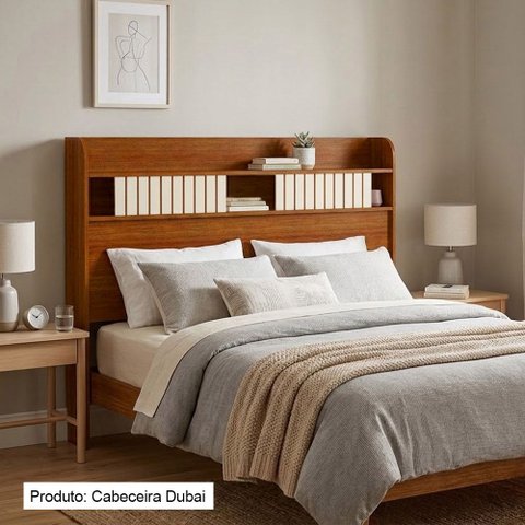 Cabeceira Dubai Casal em Madeira Maciça com Espaço Organizador Design Moderno Cinamomo