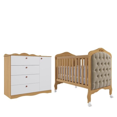 Jogo de Quarto Infantil Cômoda Encanto e Berço Harmonia Nature/branco com Capitonê - Permóbili