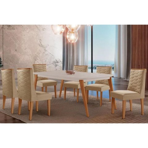 Sala Jantar Mesa Havana Tampo C/ Vidro Curvo 180cm+6 Cadeiras Dafne Madeira Naturale/off White -
