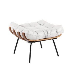 Puff Costela Couro Legítimo Base Metal Preto - Branco